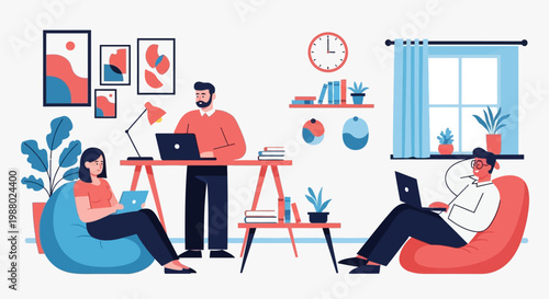 People working remotely in a modern co-working space.