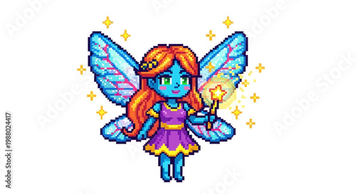 Pixel Art Blue Fairy with Orange Hair and Magic Wand.