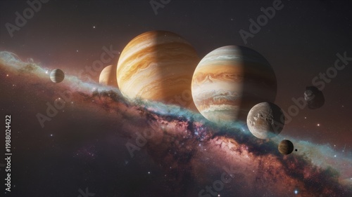Cinematic gas giant planets in deep space, cosmic nebula with glowing stardust and planetary alignment, majestic outer space galaxy background