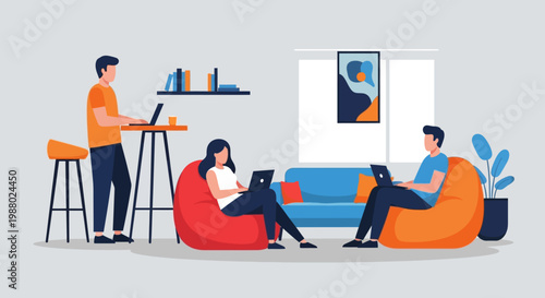 People working remotely in a modern co-working space.