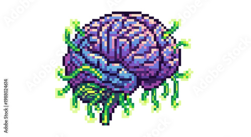 Pixel Art Brain with Green Tendrils.