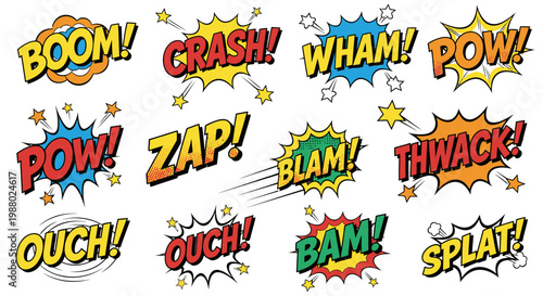 Colorful comic book onomatopoeia sound effects and speech bubbles