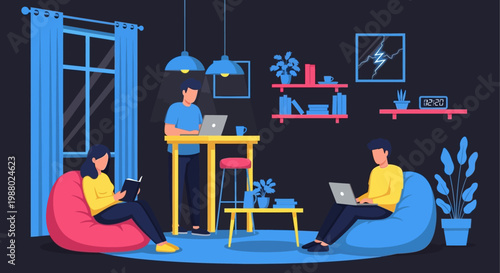 People working remotely in a modern co-working space.