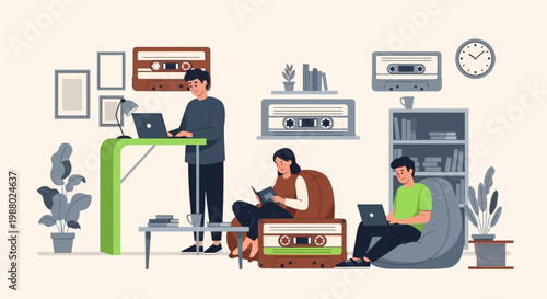 People working and studying in a cozy home office environment.