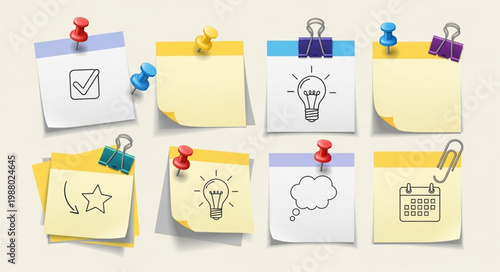 Collection of sticky notes with various icons and drawings attached with pins and clips.