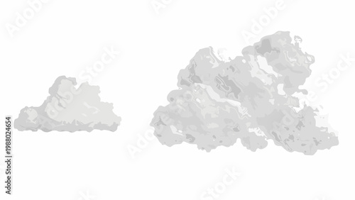 Two stylized grayscale clouds are depicted with textured fluffy forms against a white background