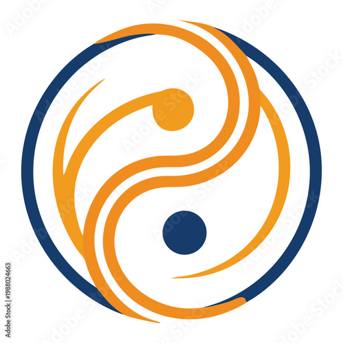 Yin Yang symbol with organic flowing lines in blue and orange, representing balance, harmony, and duality concept.