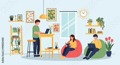 People working and studying in a cozy home office environment.