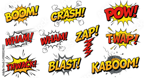 Colorful comic book onomatopoeia sound effects collection