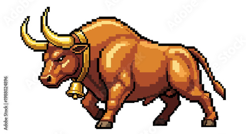 Pixel Art Brown Bull with Golden Horns and Bell.