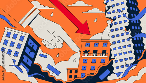 Business concept, financial crisis, city destruction, economic downturn, vector illustration