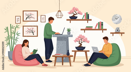 People working and relaxing in a modern home office.