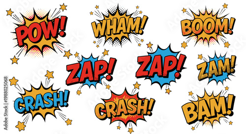 Colorful comic book onomatopoeia sound effects in pop art style