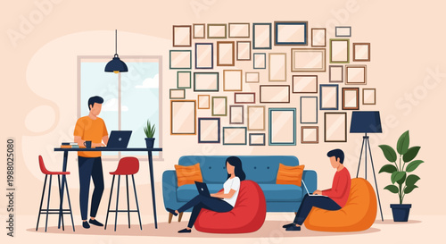 People working on laptops in a modern co-working space.