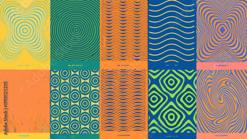 A colorful grid of nine abstract patterned panels with swirling and wavy lines