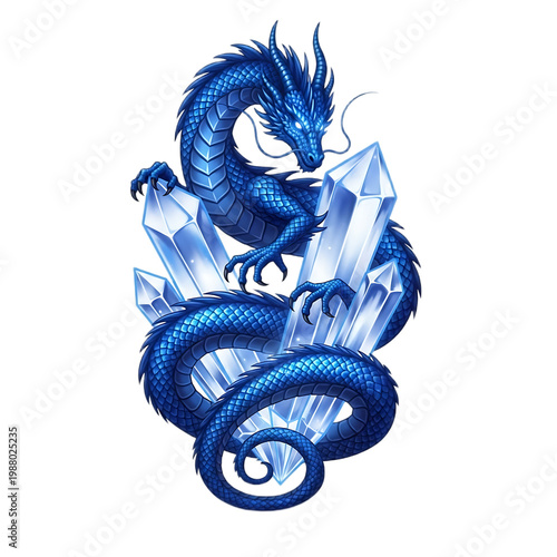 blue dragon sitting on crystals, mystical creature, fantasy art