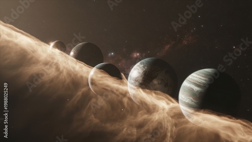 Cinematic space landscape with aligned planets, glowing cosmic dust and nebula clouds, futuristic planetary system in deep galaxy, sci-fi astronomy background