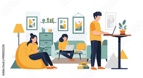 People working and studying in a cozy living room environment.
