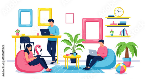 People working on laptops in a modern co-working space.