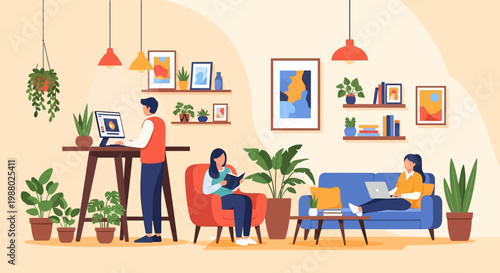 People working and relaxing in a modern home office environment.