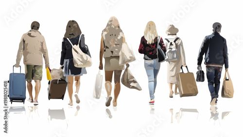 A group of people walking away from the viewer carrying luggage and shopping bags