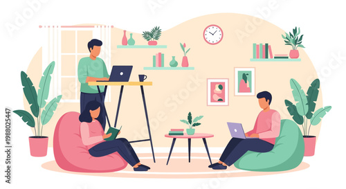 People working remotely in a modern home office.