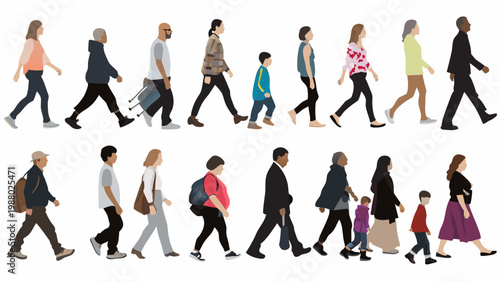 Diverse group of people walking depicted as simple flat vector illustrations on a white background