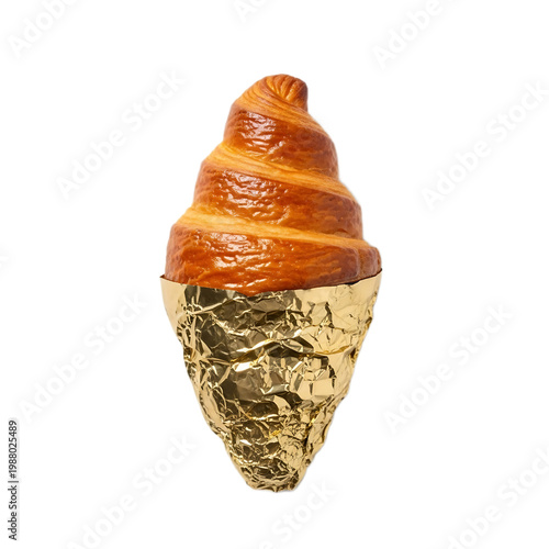 Golden foil wrapped croissant on white background