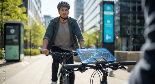 Man cycling in urban setting using navigation display