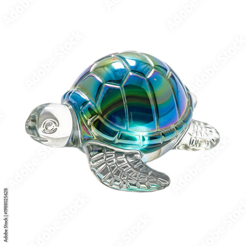 3D glass turtle figurine with iridescent shell on white background