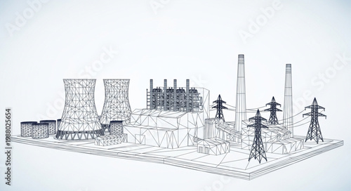 Industrial Power Plant Facility with Cooling Towers and Transmission Lines.