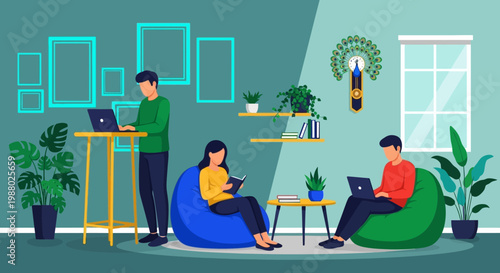 People working and relaxing in a modern home office setting.