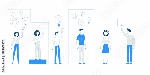 Diverse people stand on platforms with ideas and innovation symbols above them