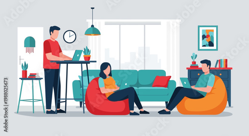 People working remotely in a modern living room.