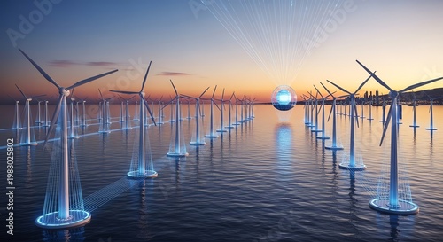 Offshore wind farm at sunset with digital overlay