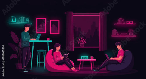 People working remotely in a modern living room.