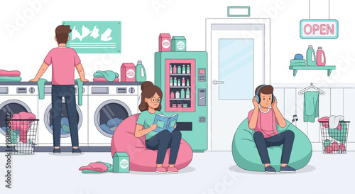 People relaxing and doing laundry at a laundromat.