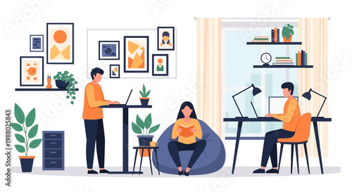 People working and relaxing in a modern home office setup.