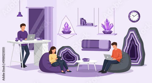 People working and relaxing in a modern home office with crystals.