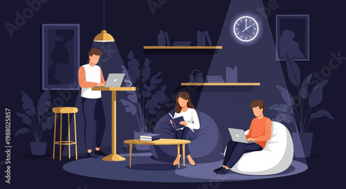 People working and studying in a modern lounge area.