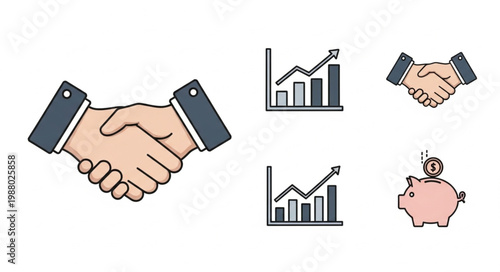 Business Partnership Success and Financial Growth Icons.