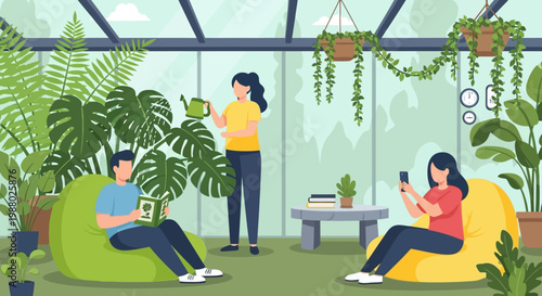 People relaxing and tending to plants in a modern greenhouse.