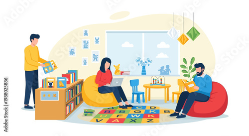 People relaxing and learning in a cozy room.