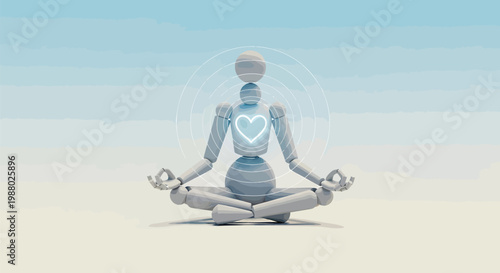 Robot meditating, lotus position, heart glow, serene vector illustration, mindfulness concept