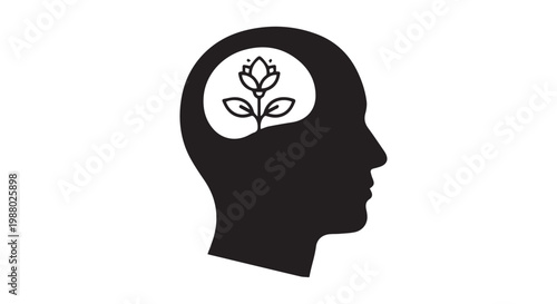 Human head silhouette with growing plant for mental health and growth concept