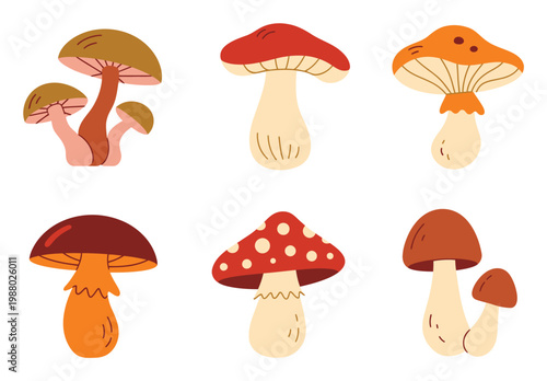 Collection of Six Stylized Cartoon Mushrooms in Various Colors and Shapes