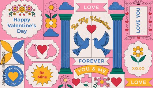 Valentine's Day stickers, romantic heart shapes, love symbols, pink background