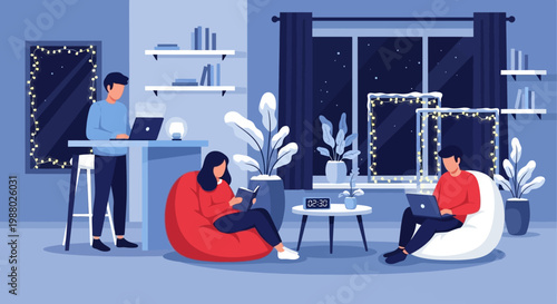 People working and relaxing in a modern living room.