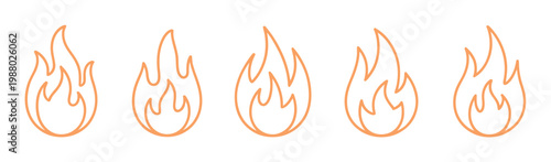 Five simple orange flame in a row on a white background