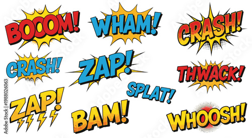 Colorful comic book sound effect bubbles and explosion set